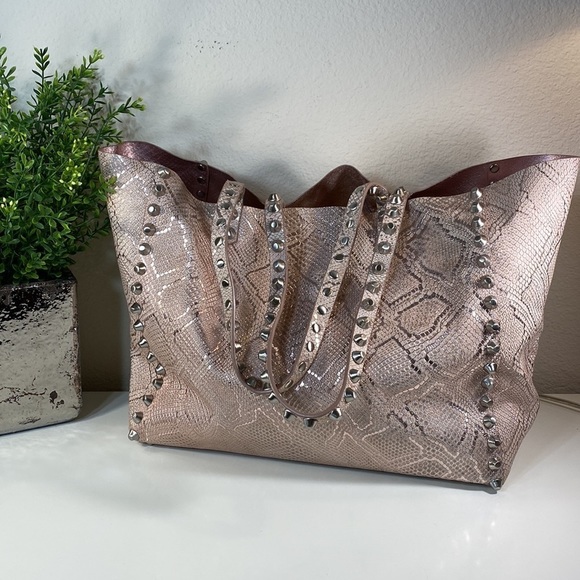 SORIAL Vivianne Snakeskin Embossed Leather Studded Oversize Tote Pink Metallic - Picture 1 of 15